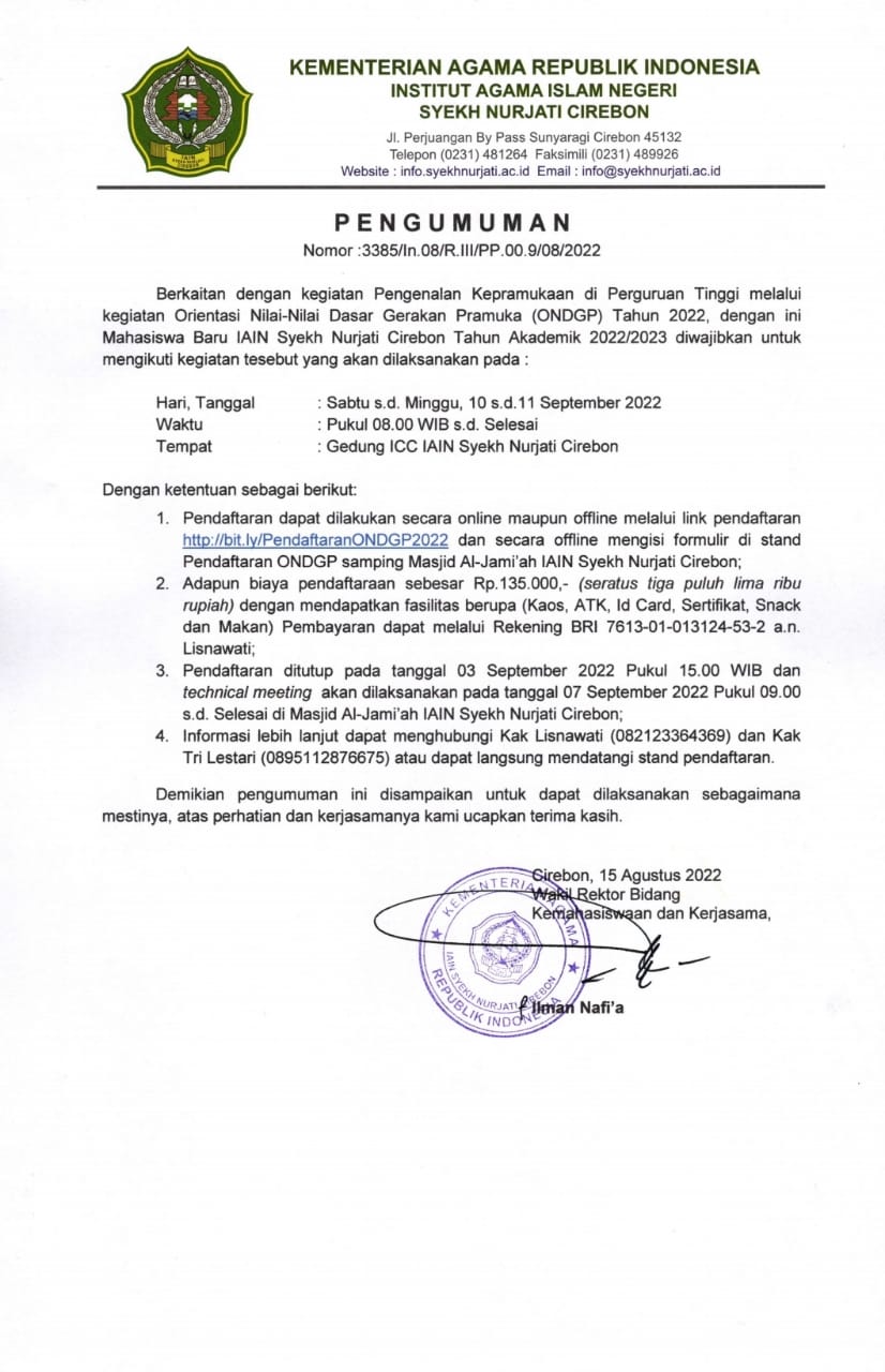 Pengumuman Orientasi Nilai-Nilai Dasar Pramuka  (ONDGP)Untuk Mahasiswa Baru