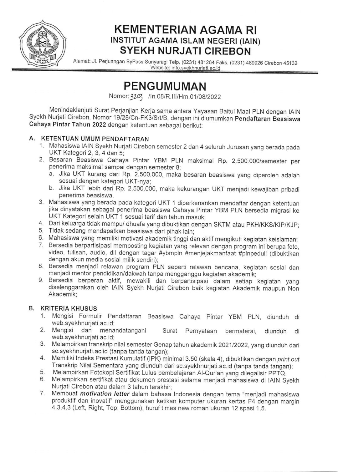 Pengumuman Beasiswa Cahaya Pintar (PLN) Tahun 2022