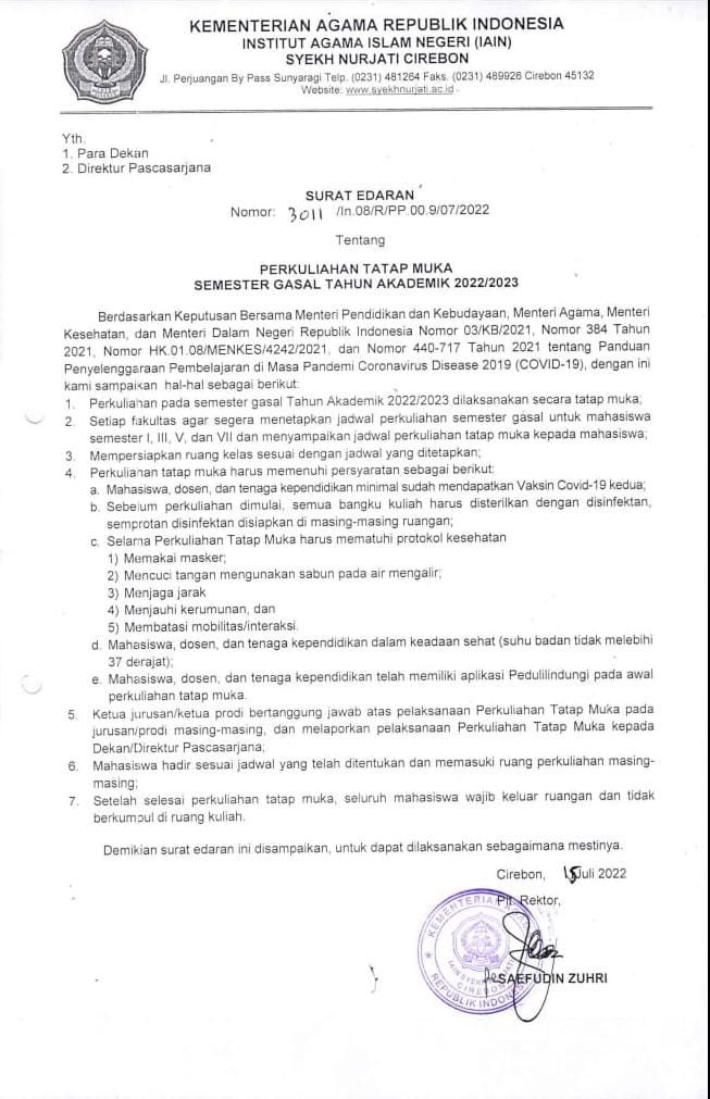 Surat Edaran Kuliah Tatap Muka Semester Ganjil 2022-2023